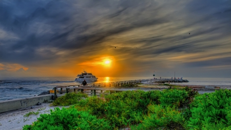 wondrous sunset on a fishing wharf hdr - noat, clouds, bushes, sunset, sea, wharf, hdr