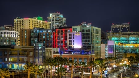 downtown san diego at night - downtown, palms, streets, lights, city, stadium, night