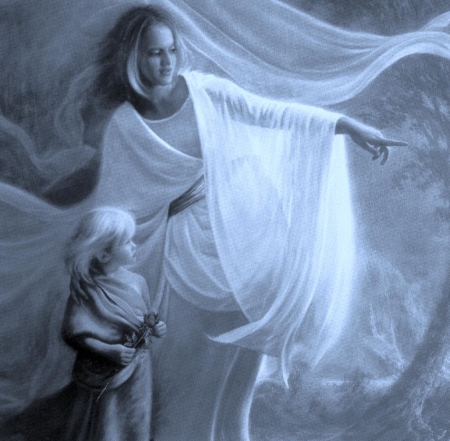 Angel greeting a child - child, angel, emocional, blue