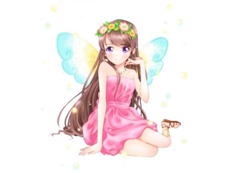 â™¡ Fairy â™¡ - nice, beauty, female, hot, wings, simple, anime girl, elegant, brown hair, white, gorgeous, sparks, pretty, anime, cute, maiden, lady, sexy, girl, long hair, gown, lovely, pink, plain, wing, beautiful, sweet, fairy, dress