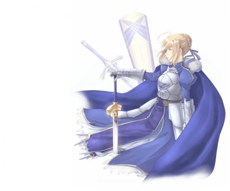 Saber - pretty, saber, anime, female, warrior, blonde, blond hair, long hair, armor, blond, plain, weapon, nice, anime girl, beautiful, hot, girl, sword, simple, blonde hair, beauty, lovely, sweet, knight, blade, white, cute, sexy, fate stay night, excalibur