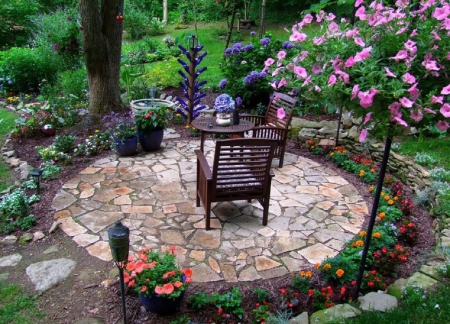 table for two in a flower garden - flowers, table for two, nature, garden