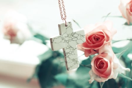 ♥ Sunday Blessings for Dn ♥ - flowers, blessings, pink roses, cross, sunday, still life