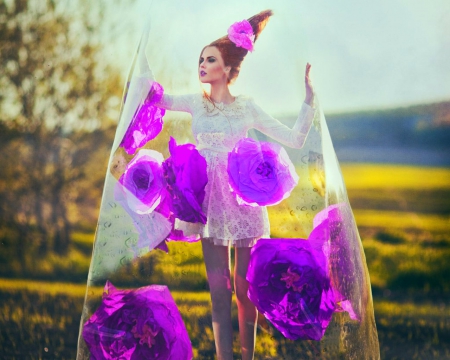 Fashion model - woman, purple, fashion, flowers, model