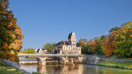 bridge over river in lovely hradec kralove in the czech republic - building, trees, embankmaent, river, flood control, bridge