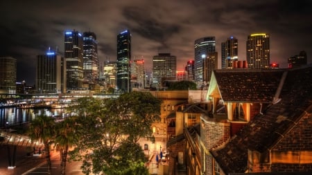 old sydney across the harbor from the modern city - clouds, lights, skyscrapers, harbor, city, night