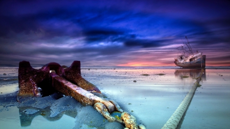 ship wreck with a set anchor - clouds, sunset, ship wreck, beach, chain, sea, anchor