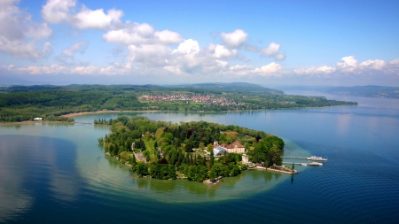 beautiful german island - village, lake, boats, island, bridge