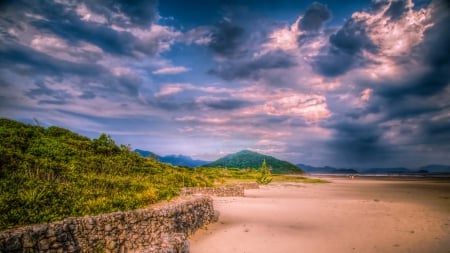 wonderful empty sao paulo beach hdr - clouds, hills, beach, hdr, bushes, stone wall