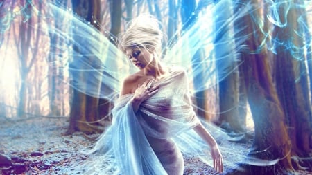 magical angel - woman, skyphoenixx1, girl, angel, magic, magical, wallpaper, fantasy, enchanting, picture, abstract, forest, pretty, woods, blonde, lights