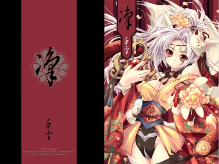 Neko Warrior - kimono, flowers, neko, warrior