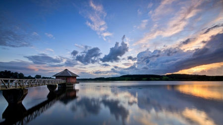 pier in a water reservoir - clouds, reservoir, lake, reflection, pier