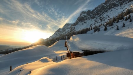 sunrise over a mountain chalet covered in snow - wonter, sunrise, chalet, mountain