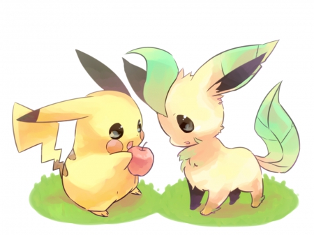 Share? - Pikachu, One Apple, Pokemon, Leafeon, Share, Kawaii