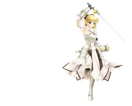 Saber Lily - pretty, female, armor, saber lily, blond, weapon, nice, gown, hot, sword, beauty, knight, blade, cute, sexy, excalibur, saber, anime, warrior, dress, blonde, blond hair, long hair, plain, hd, anime girl, beautiful, girl, simple, blonde hair, lovely, sweet, fate stay night