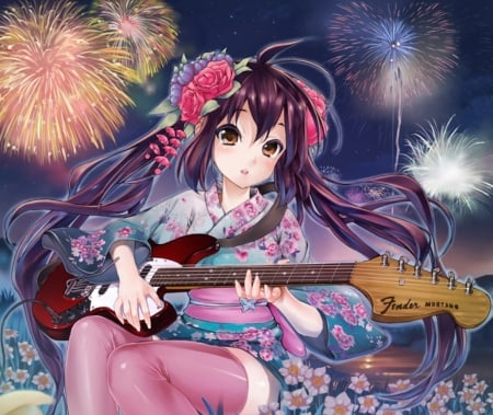 Nakano Azusa - pretty, twin tail, female, maiden, night, guitar, japan, nice, fireworks, kon, hot, beauty, kimono, flower, yukata, nakano azusa, lady, cute, floral, sexy, japanese, anime, kawaii, twintail, nakano, long hair, k-on, oriental, azusa nakano, twin tails, anime girl, twintails, beautiful, girl, lovely, brown hair, sweet, k on, azusa