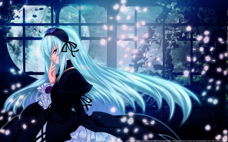 Flowery Smile - nice, beauty, female, hot, emotional, evil, anime girl, black, sparks, pretty, sinister, petals, anime, cute, moon, sexy, girl, long hair, night, rozen maiden, gown, lovely, glow, blue hair, suigintou, floral, beautiful, sweet, serious, dress, flower