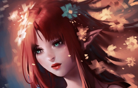 Flower power - beauty, redhead, elf, girl, summer, fantasy, power, art, blue, sakimichan, flower