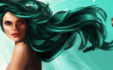 Mermaid - woman, ocean, girl, water, fantasy, underwater, mermaid, blue, green, sea