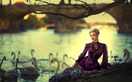 Woman near the lake - lake, swan, model, woman, fashion