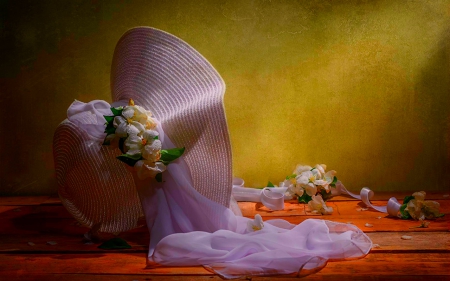 Still life - flowers, still life, hat, fabric