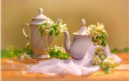 Still life - fabric, flowers, still life, tea pot