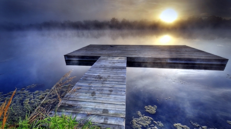 floating ramp on a lake in morning fog - lake, fog, ramp, sunrise