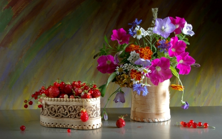 Still life - flowers, still life, fruits, petals