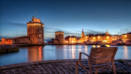 view of the entrance to la rochelle le vieux port france hdr - city, fort, bench, hdr, dusk, lights, port