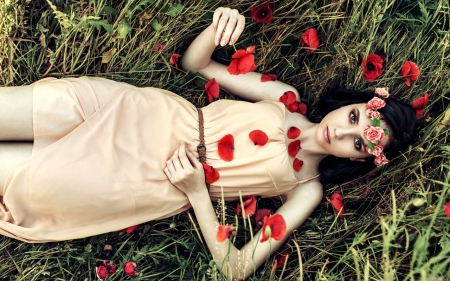 Beautiful model - flowers, lying, woman, model