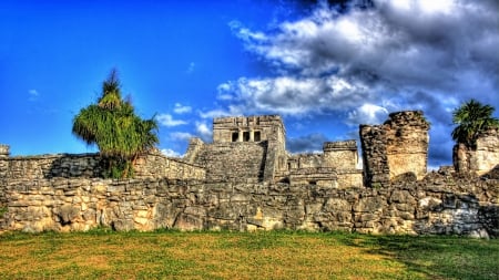 beautiful mayan ruins in tulum mexico hdr - clouds, ancient, hdr, grass, ruins