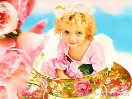 A Cup of..... - child, roses, lovely, porcelain, angel