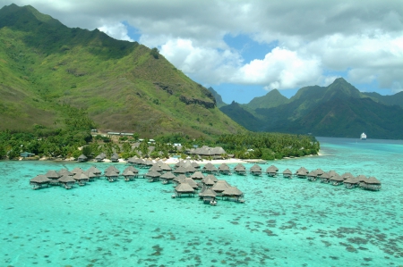 Aerial View down on Moorea Island Polynesia - aqua, pacific, paradise, bungalows, volcano, coral, view, shallow, south, mountain, islands, tropical, aerial, villas, moorea, sea, beach, water, clear, plane, hotel, polynesia, french, volcanic, atoll, lagoon, resort, sand, ocean, vista, reef, exotic, luxury, blue, island, tahiti