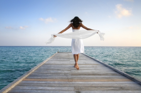 Just Beautiful - beauty, woman, ocean, sky, girl, photography, dock, white, free, beautiful, brunette, breeze, sea, bridge