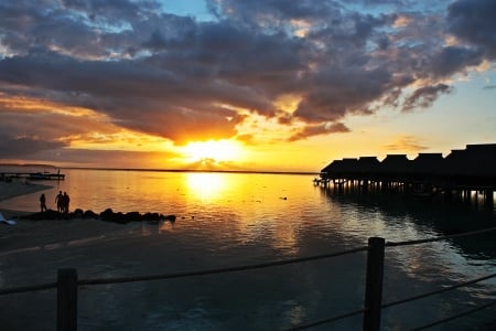 Sunset over Water Bungalows Moorea Island