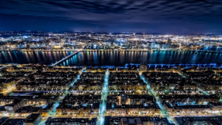 gorgeous cityscape along a river at night - river, night, city, streets, bridge, lights