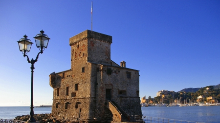 fortress at the harbor inrapallo italy - boats, fortress, harbor, city, lamps