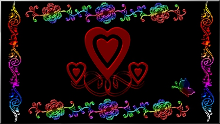 Abstract Creation - hearts, abstract, flowers, colors, black, butterflies