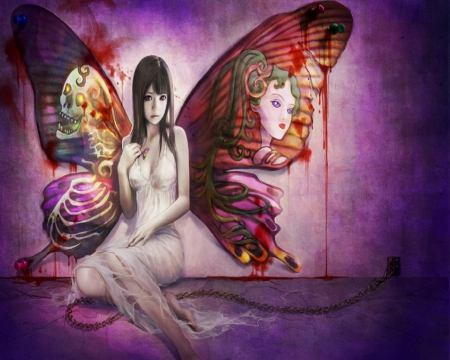 Pinning Her  Wings Down - chain, pins, wings, blood, fantasy, purple, butterfly, art, fairy