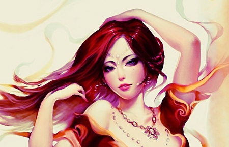 Fantasy girl - beauty, woman, redhead, girl, yellow, pink, necklace, fantasy