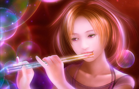 Iris - blue, girl, pink, shu, bubble, music, whistle, fantasy, instrument, redhead, purple, green, art