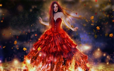 Blazing beauty - red, fire, blazing, flames, fantasy, beautiful, dress