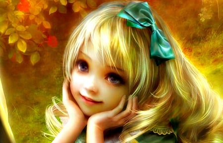 Alice Memories (detail) - yellow, blue, girl, shu, fantasy, alice memories, autumn, red, green, leaf, art