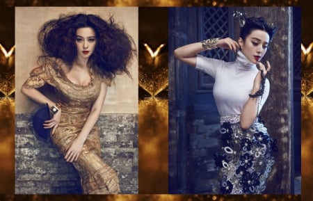 Fan Bingbing - beauty, woman, fan bingbing, collage, girl, black, asian, model, white, glitter, yellow, blue, by cehenot, brunette, dress