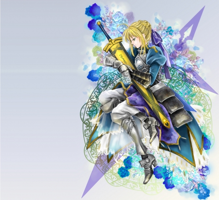 Saber - saber, anime, female, warrior, blonde, blond hair, long hair, armor, sad, blond, weapon, abstract, anime girl, hot, girl, sword, blonde hair, flower, knight, blade, cute, floral, sexy, fate stay night, excalibur