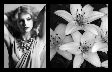 Taylor Swift - swift, by cehenot, collage, singer, girl, beauty, flower, lily, black, white, woman, taylor