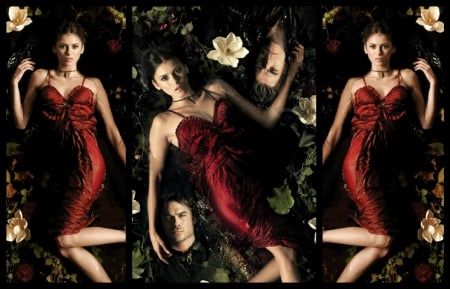 Vampire Diaires (2009-) - woman, beauty, collage, paul wesley, water, stefan, black, fantasy, dark, man, damon, green, vampire diaries, elena, nina dobrev, actress, girl, ian somerhalder, red, actor, by cehenot, flower, dress