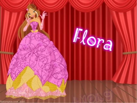 Flora - beauty, nice, female, hot, brown hair, curtain, sparks, pretty, winxclub, cute, sexy, girl, cartoon, long hair, gown, lovely, glow, flora, winx club, red, pink, beautiful, sweet, winx, dress