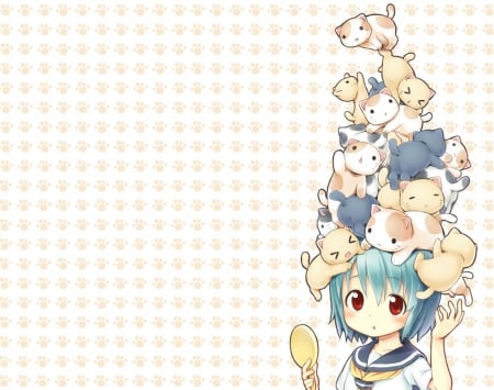 Cats Topping - cute, cat, anime girl, adorable, girl, kitty, blue hair, funny, animal, pretty, kawaii, short hair, sweet, anime, team, silly, kitten, group, nice, lovely, female