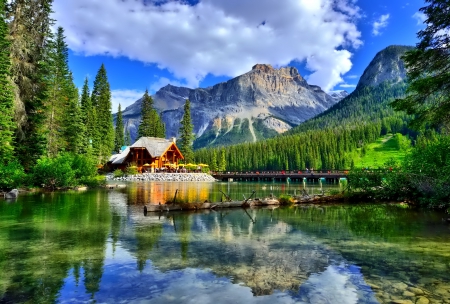 House - lake, trees, mountain, green, tree, house, hdr, photo